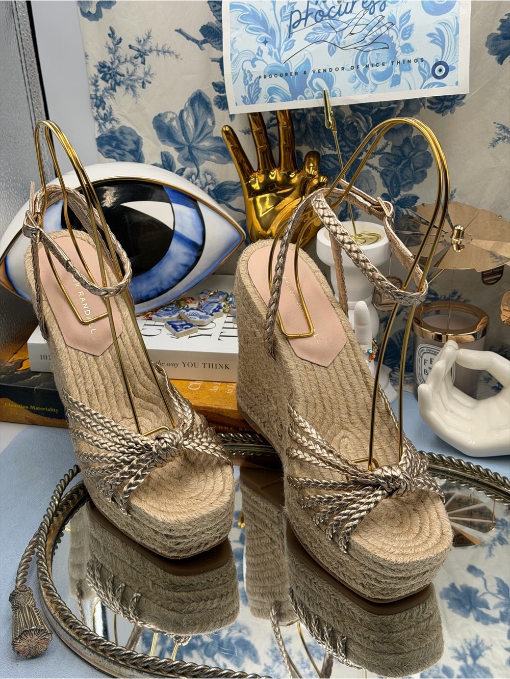 🆕 LOEFFLER RANDALL 🧿 NWOB Pamela Mignon Pale Gold Metallic Leather Wedge, Sz 7 - Picture 4 of 13
